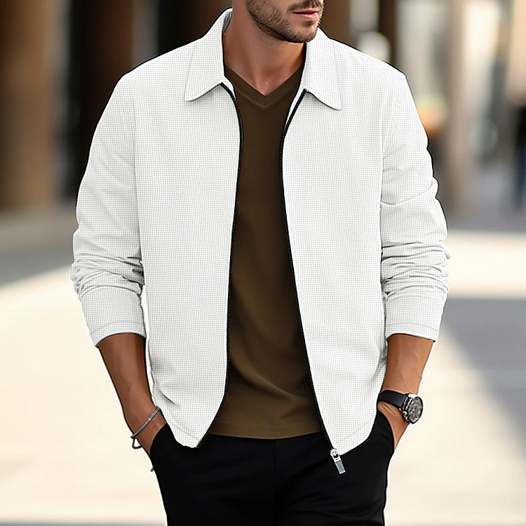 Men's Casual Waffle Turndown Collar Zipper Long Sleeve Plain Jacket