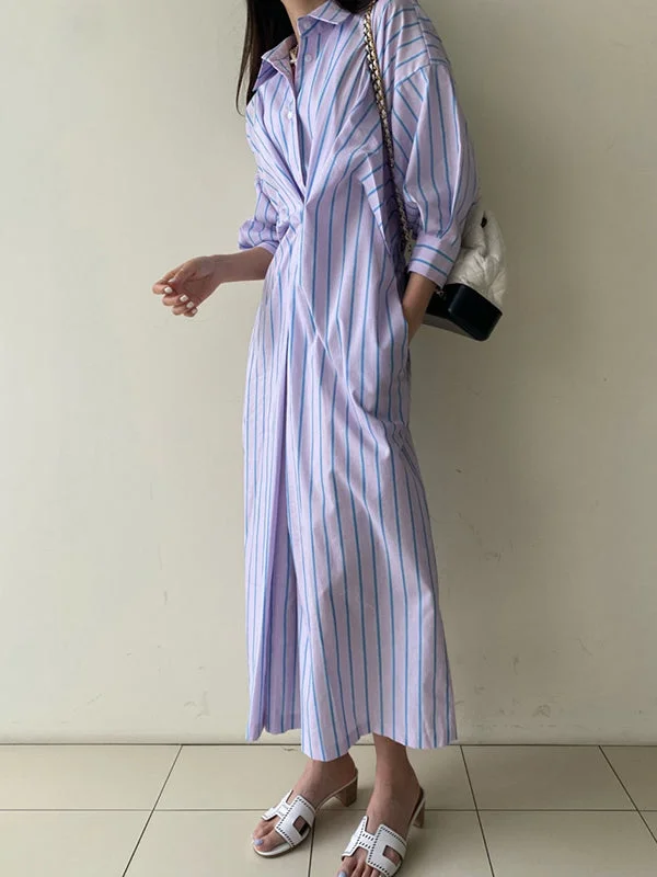 Buttoned Contrast Color Pockets Striped Long Sleeves Loose Lapel Shirt Dress Midi Dresses