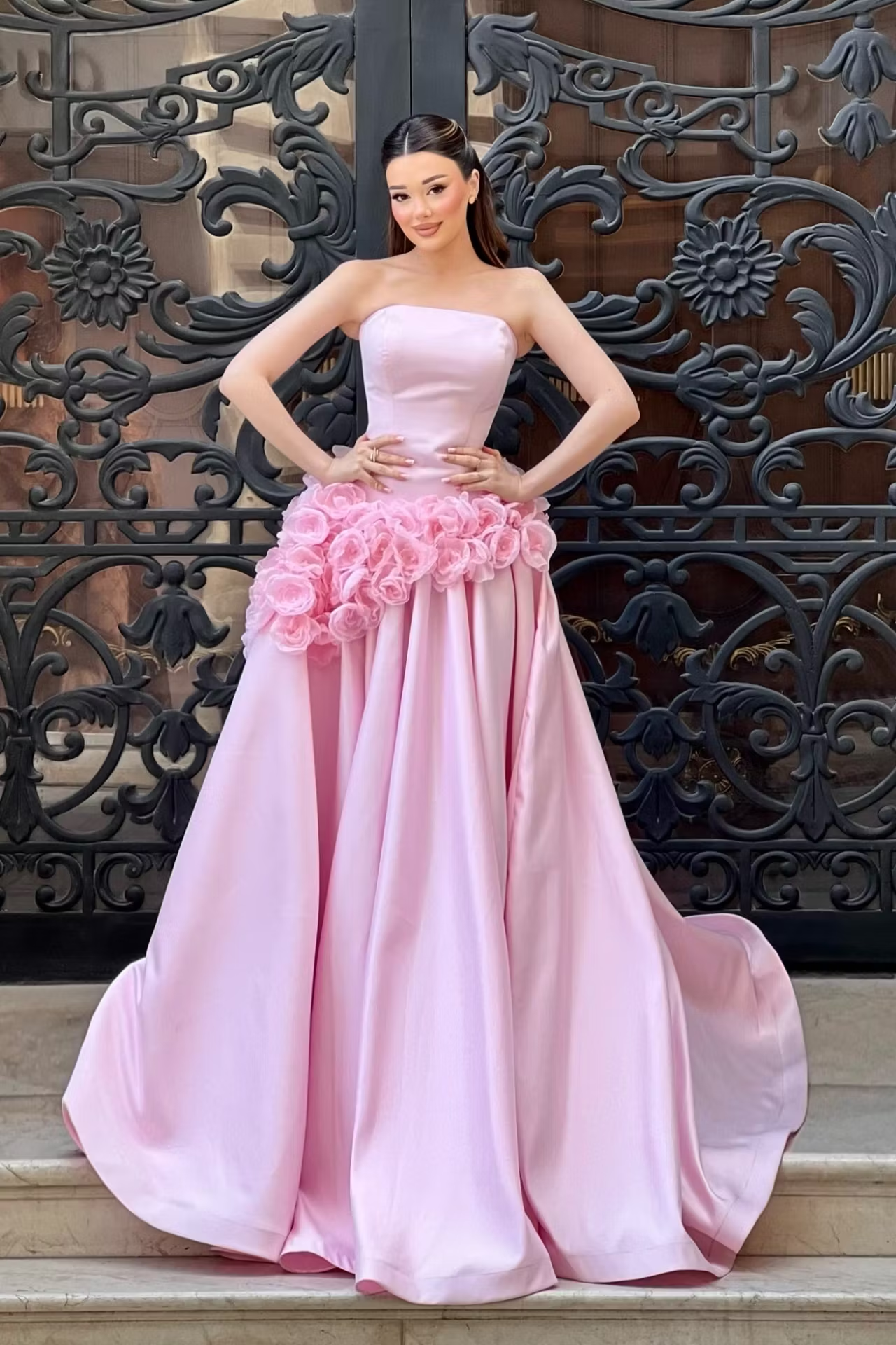 Satin Strapless Sleeveless High-Waisted Long A-Line Prom Dress With Pleated And Flower Appliques | YC0485 Wellcucu