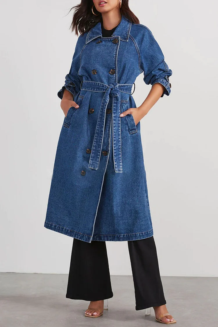 Turndown Collar Long Sleeve Double-Breasted Tie Up Denim Trench Coat-Blue