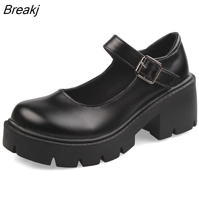 Breakj Women's  Autumn Japanese Style Lolita Shoes Vintage Soft High Heel Platform Leather College Student Mary Jane Ladies White Black