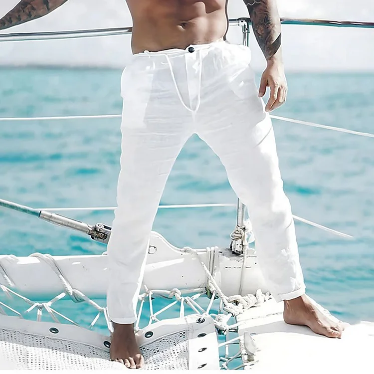Men's Beach Drawstring Pockets Linen Solid Pants