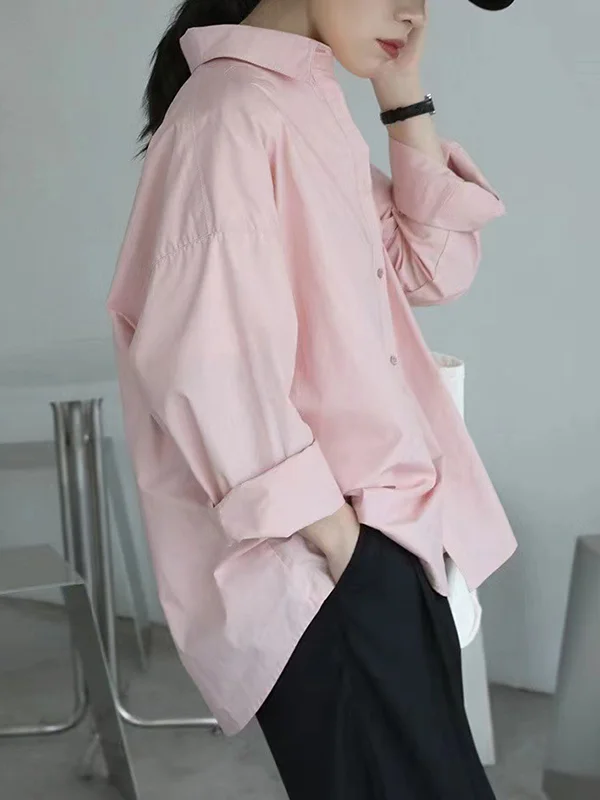 Trendy Long Sleeves Pure Color Lapel Blouses