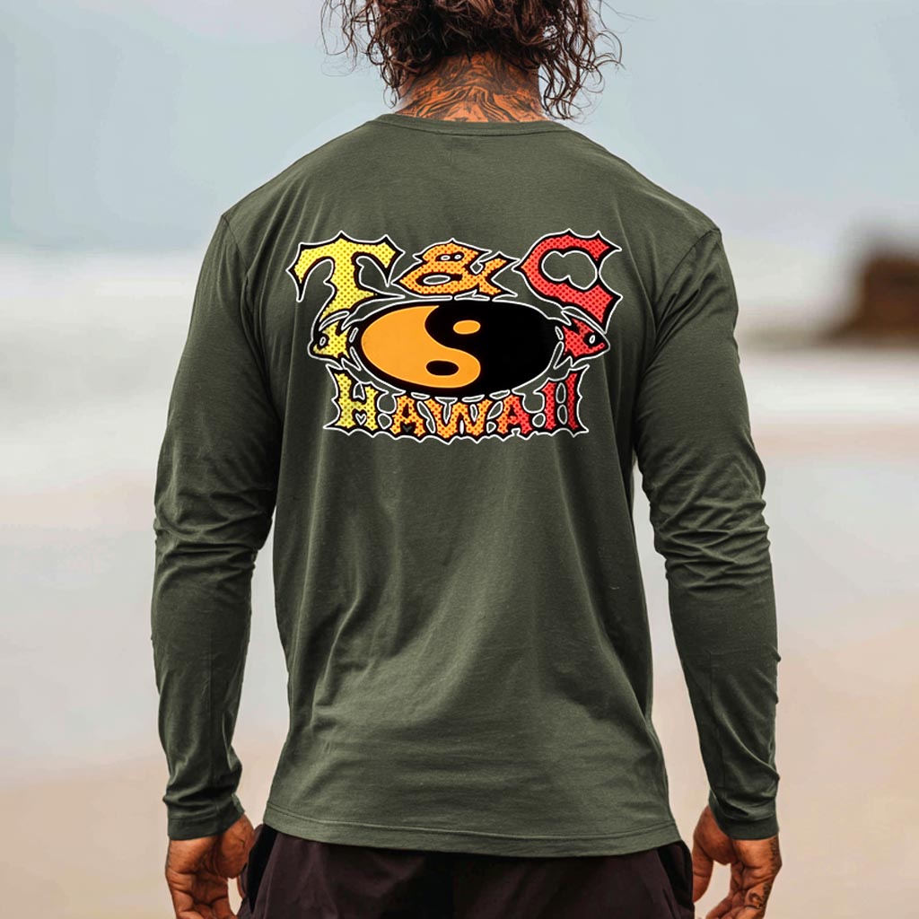 thesupersurf Cotton Long Sleeve T-Shirt with Hawaii Yin Yang Design for Men