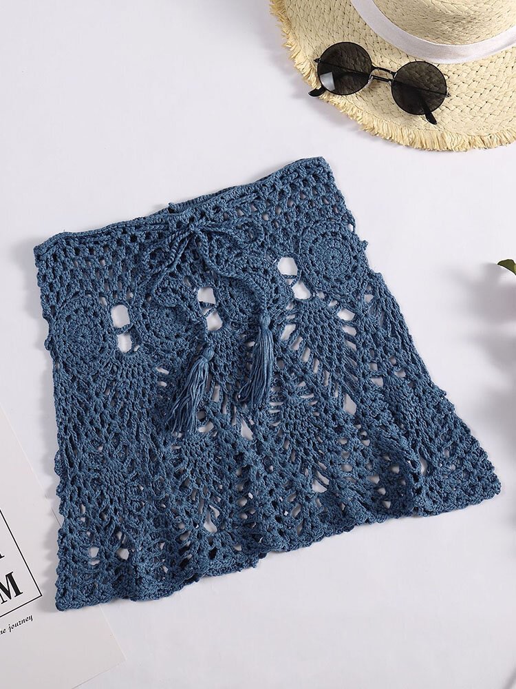 Solid Knit Crochet Hollow Knotted Beachwear Mini Skirt
