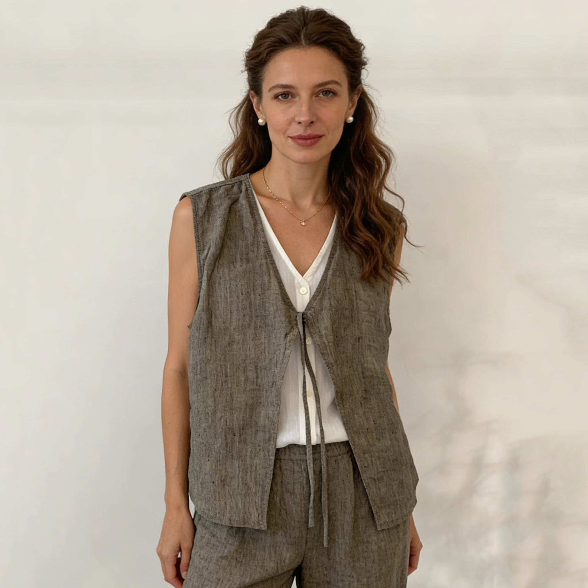 Linen Vest Women 100% Linen V Neck Tie Front Layering Top Breathable REAL SILK LIFE