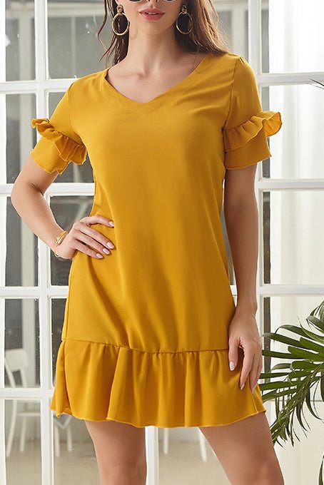 Solid Ruffled Trim Chiffon Dress - Chicaggo