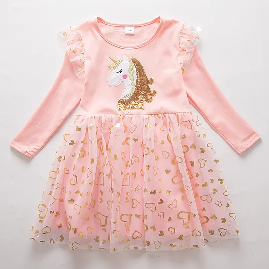 【3Y-8Y】Girls' Unicorn Sequin Long Sleeve Princess Dress