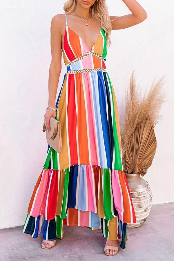 Rainbow V-neck Halter Braces Skirt P14345