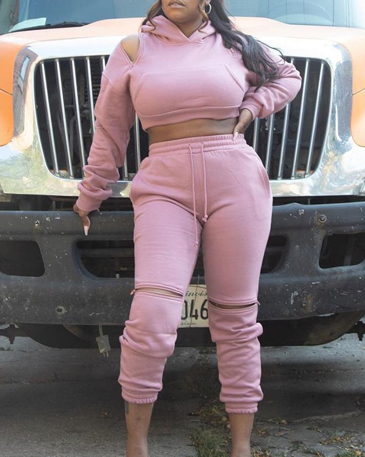 Cut Out Zipper Detail Hooded Top & Pants Set - Shop Trendy Women's Clothing | LoverChic