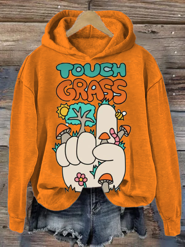 Women's Touch Grass Finger Mushroom Print Long Sleeve Casual Hoodie