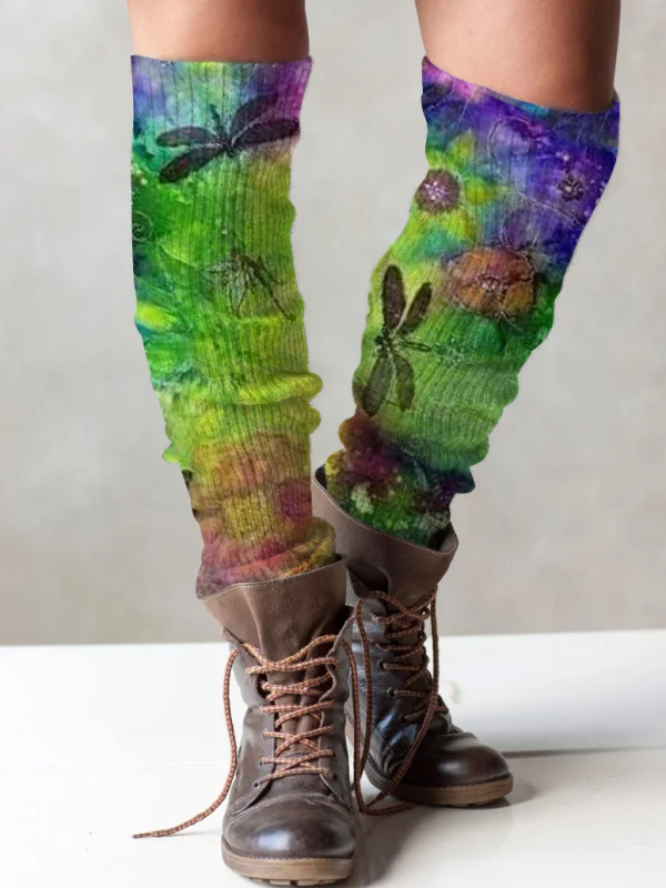 Retro dragonfly and floral print knit boot cuffs leg warmers