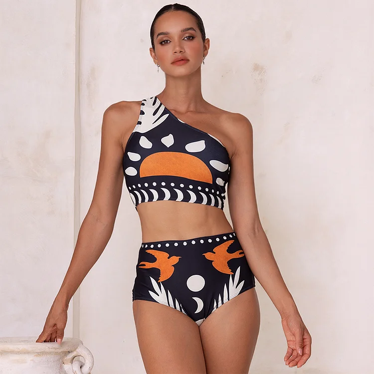 One Shoulder High Waist Bikini Set Swimsuit And Pants Flaxmaker