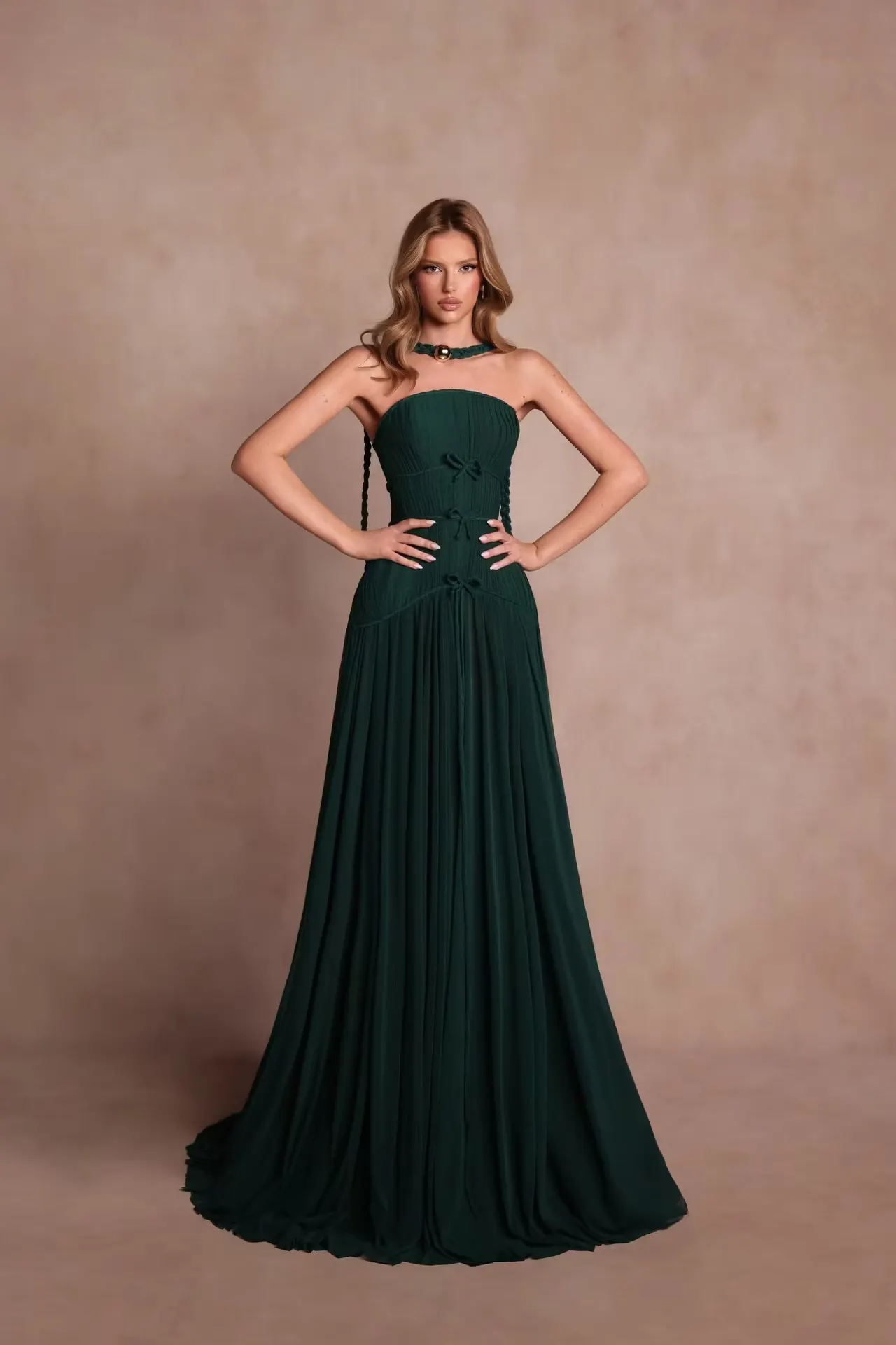 Elegant Dark Green Sleeveless Straight Across Pleated Long Prom Dress JZ0184
