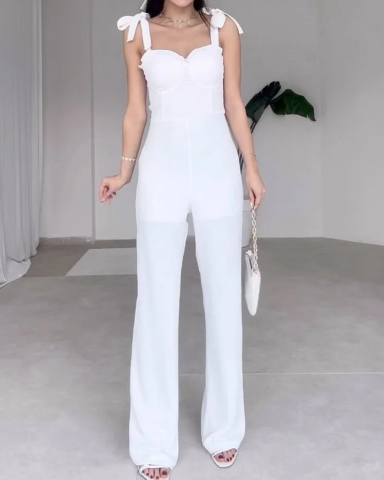 Elegant Solid Color Tie Jumpsuit
