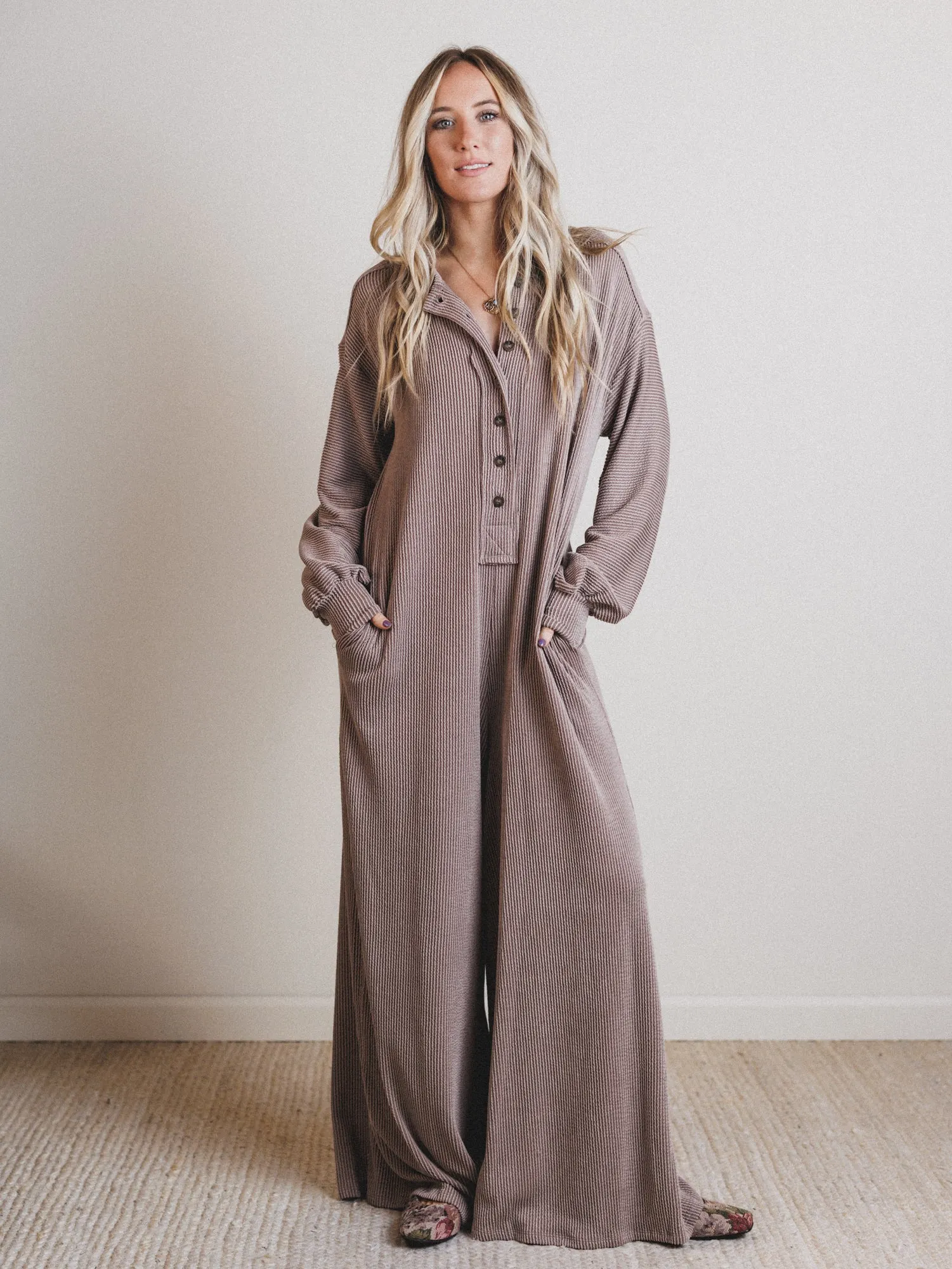 The Nest Daphne Textured Long Sleeve Jumpsuit - Acorn