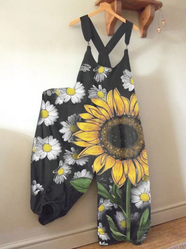 Casual flower printed cotton linen Jumpsuit