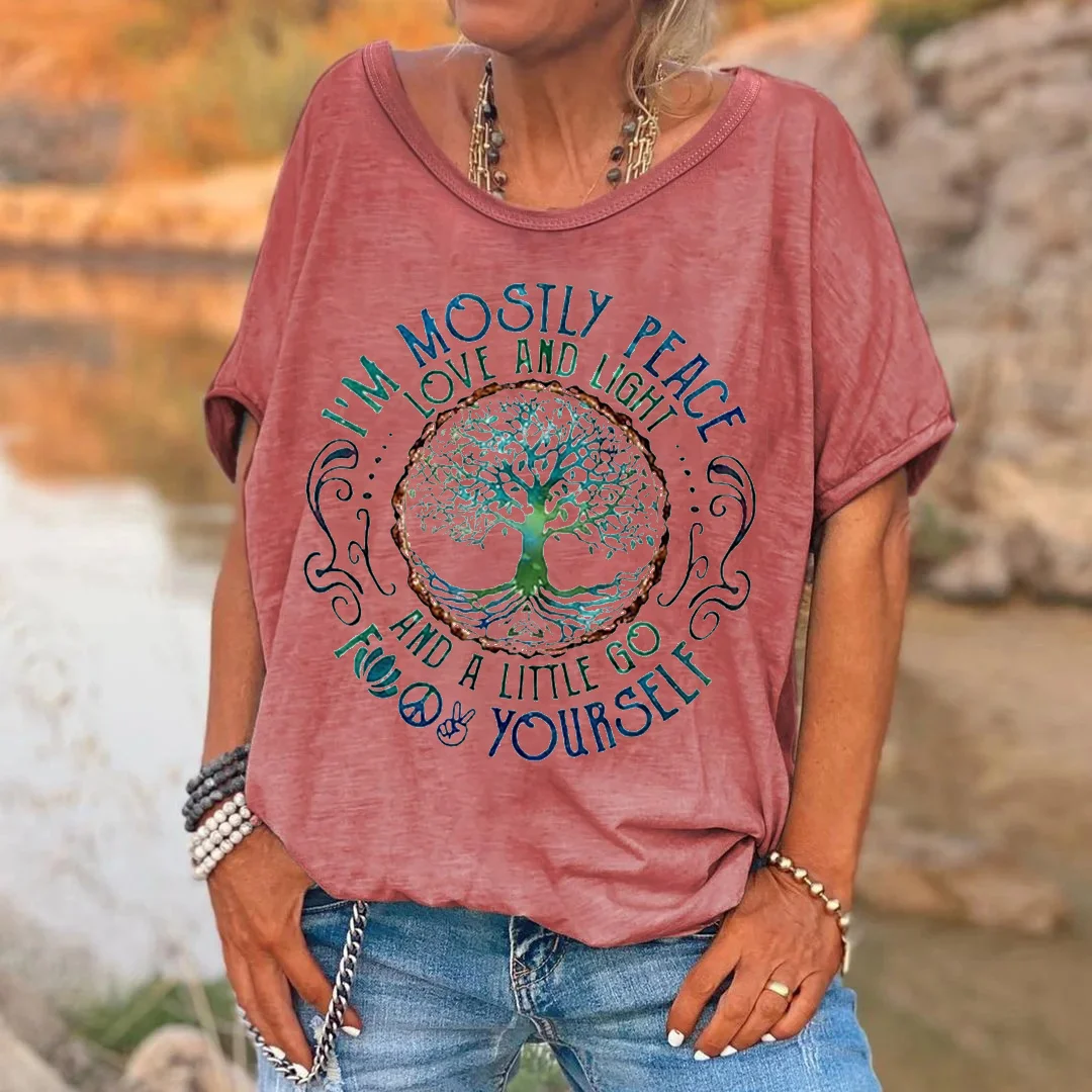 Women's Hippie I'm Mostly Peace Love And Light Casual V-Neck Tee