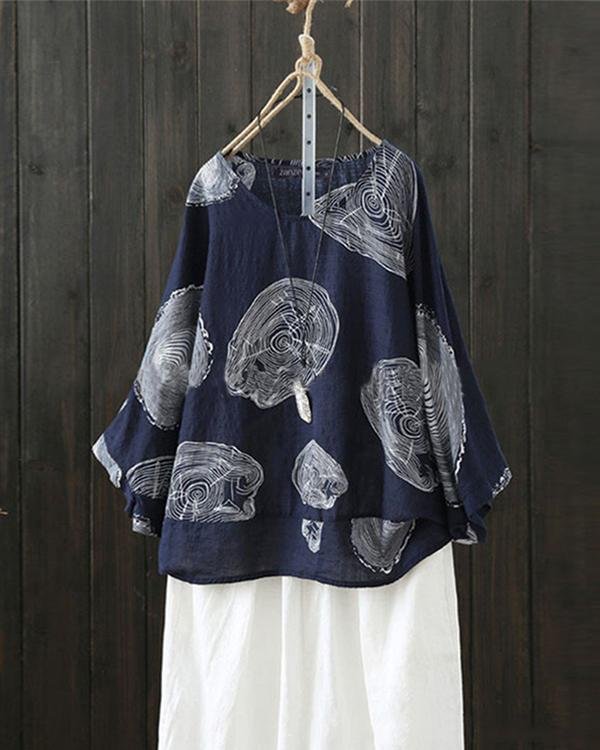 Plus Size Round Neck Vintage Print Linen Cotton Blouses