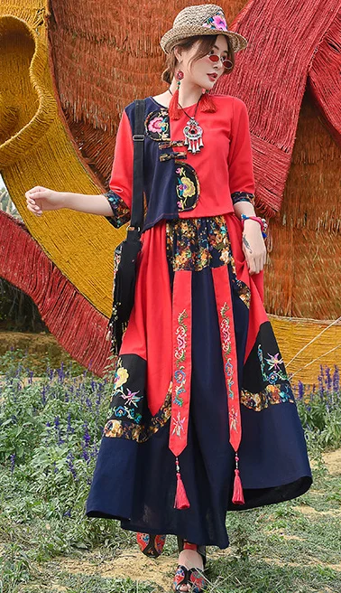 Ethnic Embroidered Flax Shirt With Elastic Waist Skirt Suit