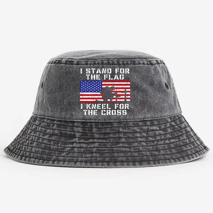 I Stand For The Flag I Kneel For The Cross USA Flag Print Bucket Hat