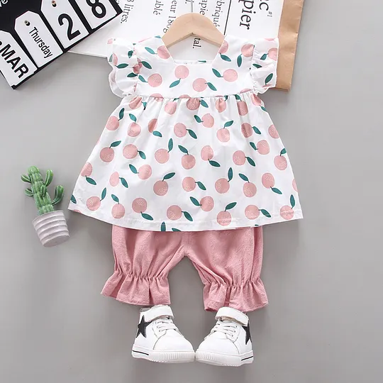【12M-3Y】Girls' Adorable Orange Cartoon Print Outfit Set