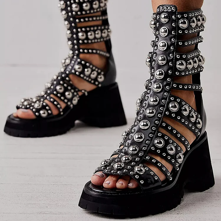 Vintage Black Open Toe Studded Chunky Platform Gladiator Sandals |FSJ Shoes