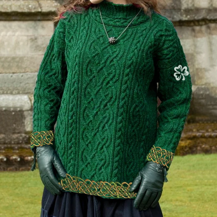Women's Irish Celtic Knotted Trefoil Jacquard Aran Sweater