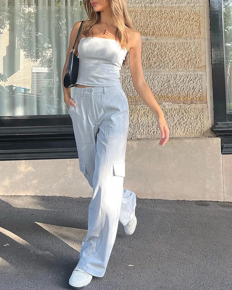 Trendy Wrap Top And Cargo Pants Set