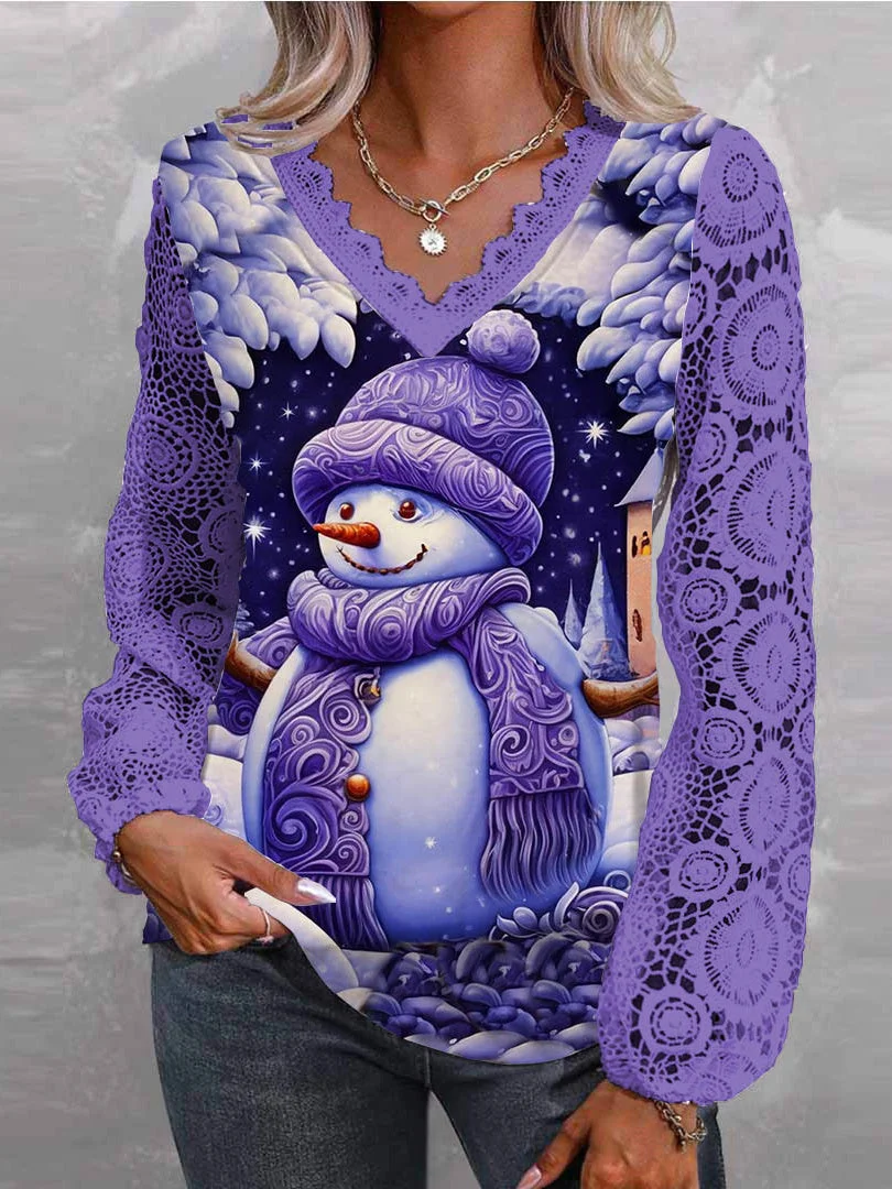 Women Long Sleeve V-neck Snowman Snowflake Printed Lace Christmas Tops