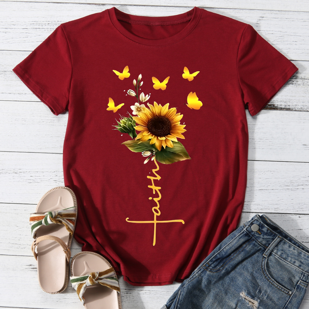 Faith Butterfly Sunflowers Casual Round Neck T-Shirt -BSTC1330-Guru-buzz