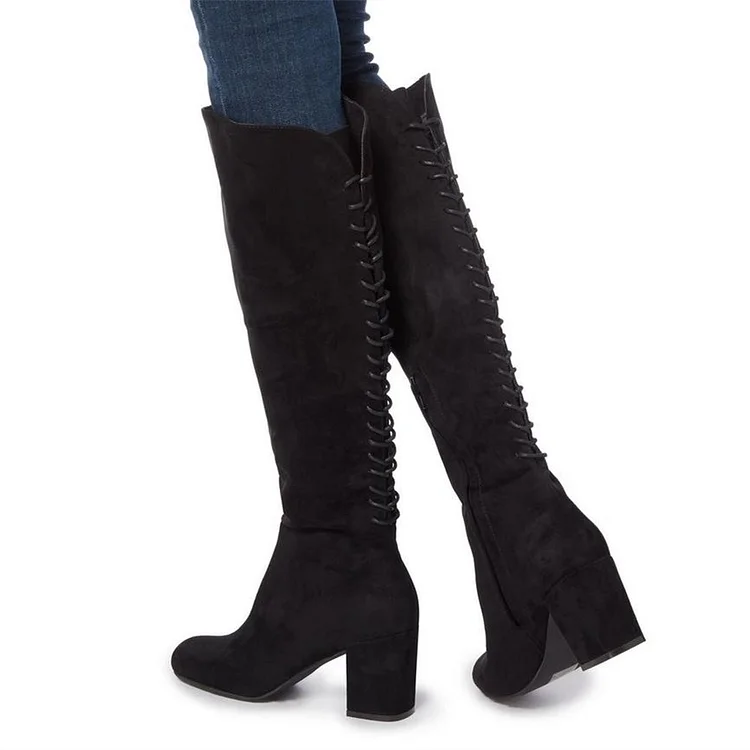 Black Knee-High Boots with Chunky Heel and Back Lace-up Detail Vdcoo