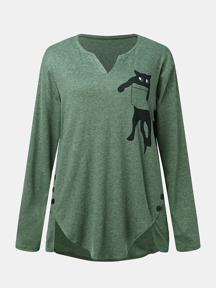 Cartoon Cat Printed Long Sleeve Notched Neck Blouse For Women P1719449