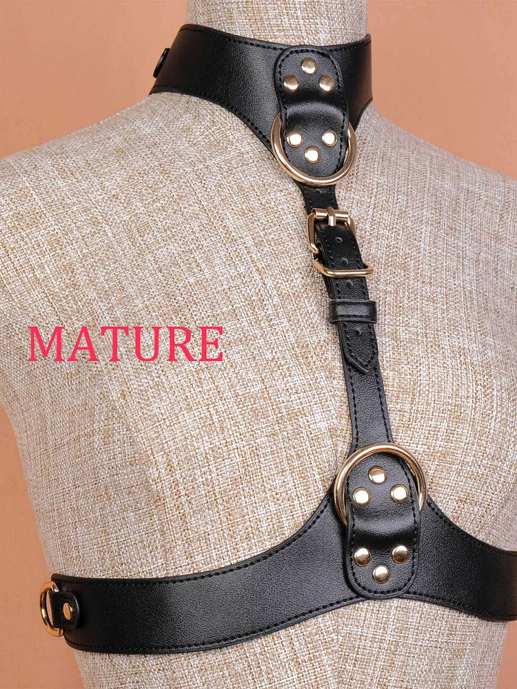 pornhint Pornhint Women Top Body Harness/Waist Harness/Black Harness Lingerie/Leather Chest Harness Belt/BDSM Harness Bondage Cuffs Sub/Leash Harnesses-MATURE leather harness women