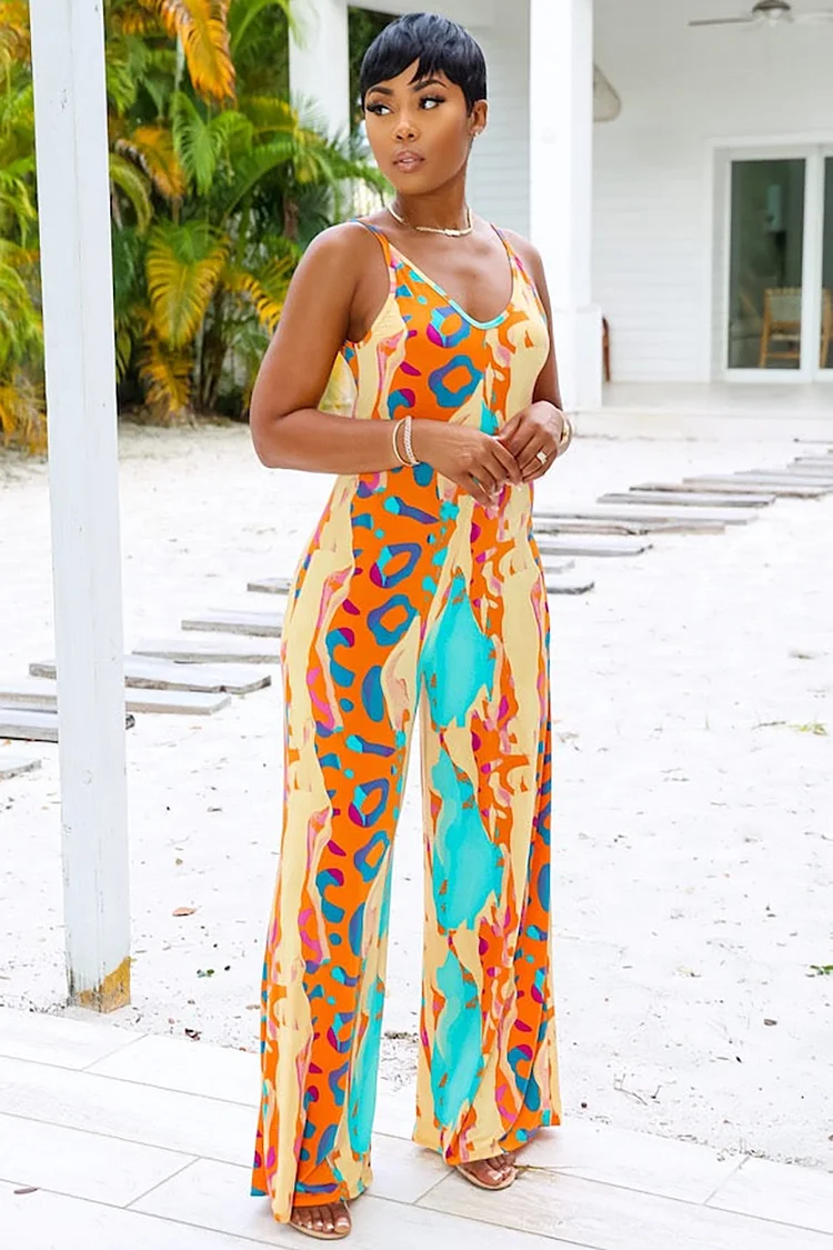 Colorblock Print Deep V Neck Backless Cami Wide Leg Pants Jumpsuits