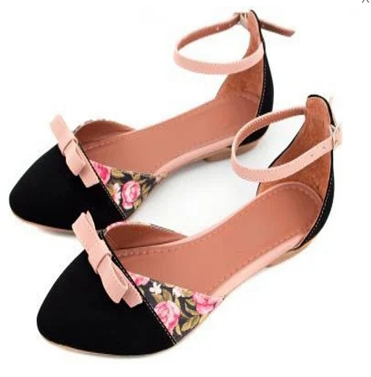 Black and Floral Flat Ankle Strap Shoes with Bow Detail Vdcoo
