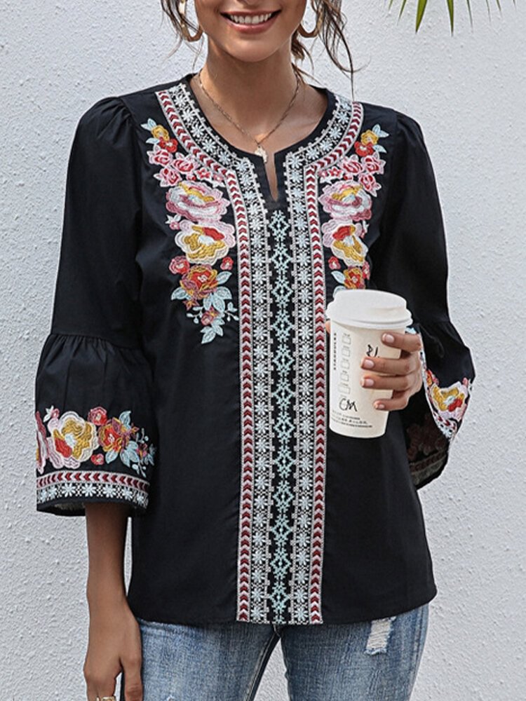 Women Ethnic Calico Embroidered 3/4 Length Sleeves Half Open Collar Blouse P1801031