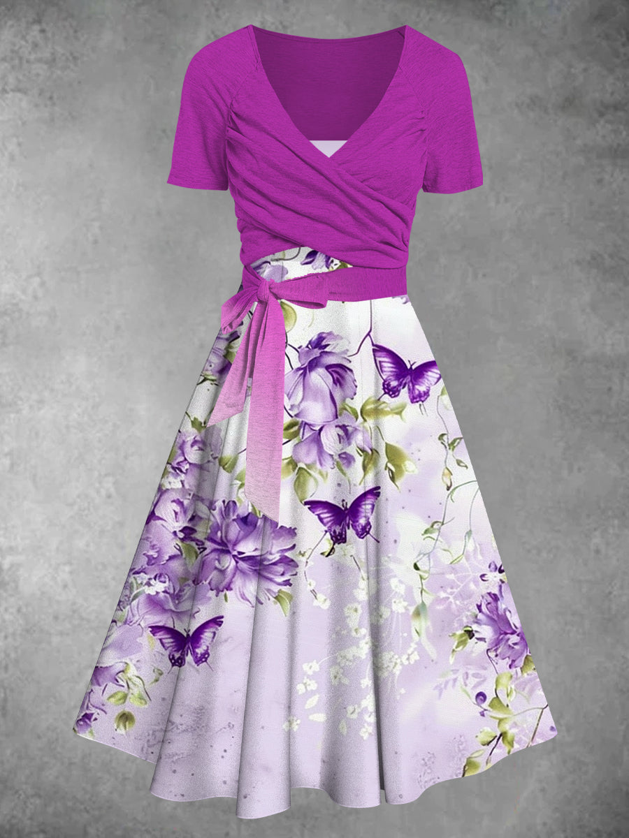 Women's Vintage V-Neck Floral Butterfly Art Print Short Sleeve Casual Dress