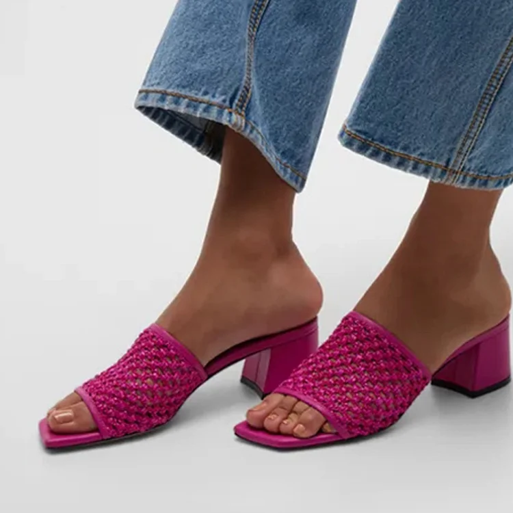 Fuchsia Mesh Square Toe Block Heel Wide Band Mule Shoes for Women |FSJ Shoes