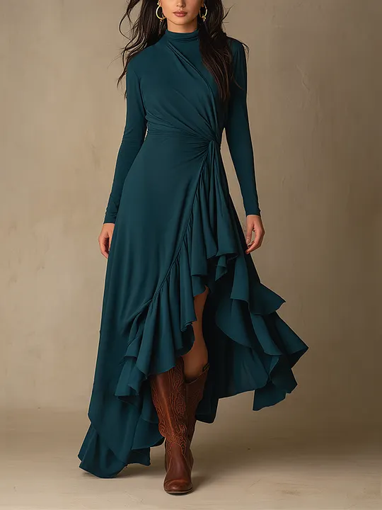 Women's Waist Twist Ruffle Solid Elegant Turtleneck Long Sleeve Maxi Dress MD