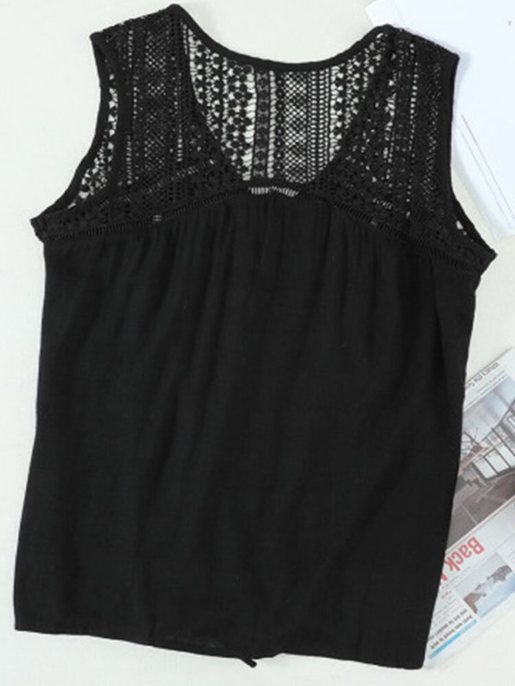 Solid Color Knotted Sleeveless Button V neck Lace Chiffon Tank Top P1854833