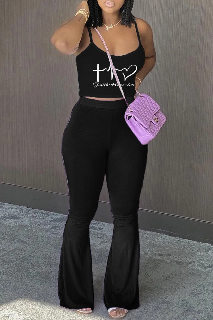 Black Sexy Casual Print Backless Spaghetti Strap Sleeveless Two Pieces