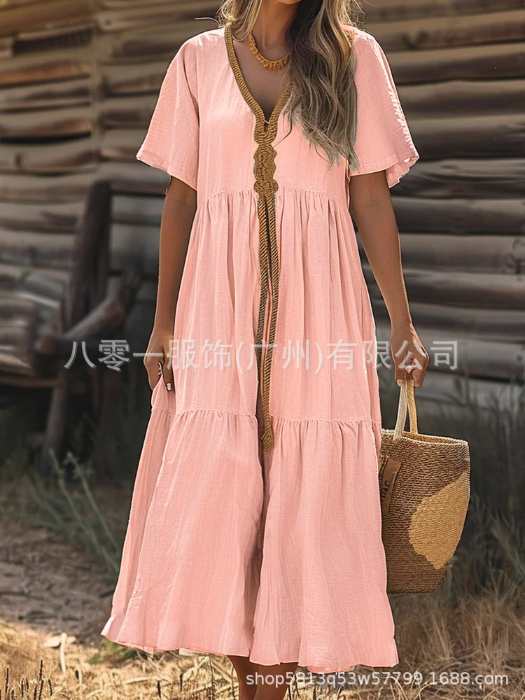 Women's solid color short-sleeved cotton and linen wide waist dress socialshop