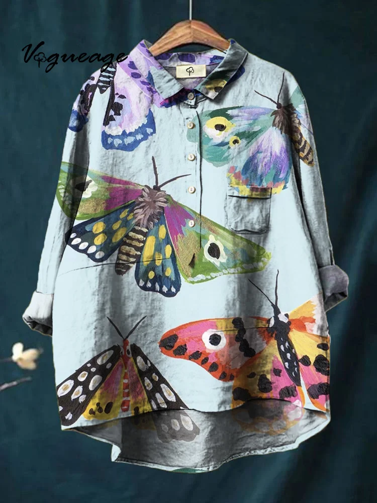 Colorful Watercolor Butterfly Print Cotton And Linen Shirt