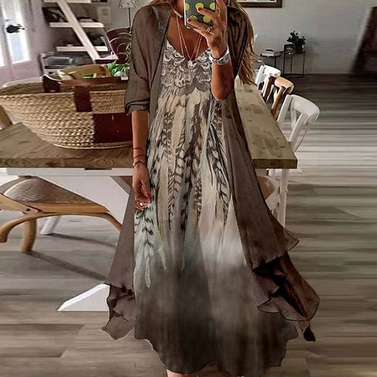 VChics Casual Vintage Print Cardigan Two Piece Set