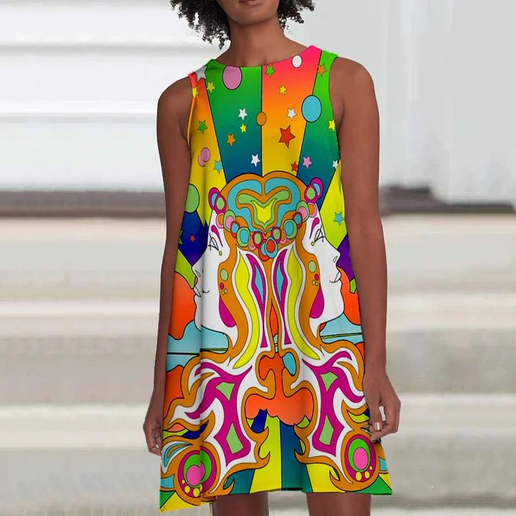 Vefave Hippie Print Sleeveless Mini Dress