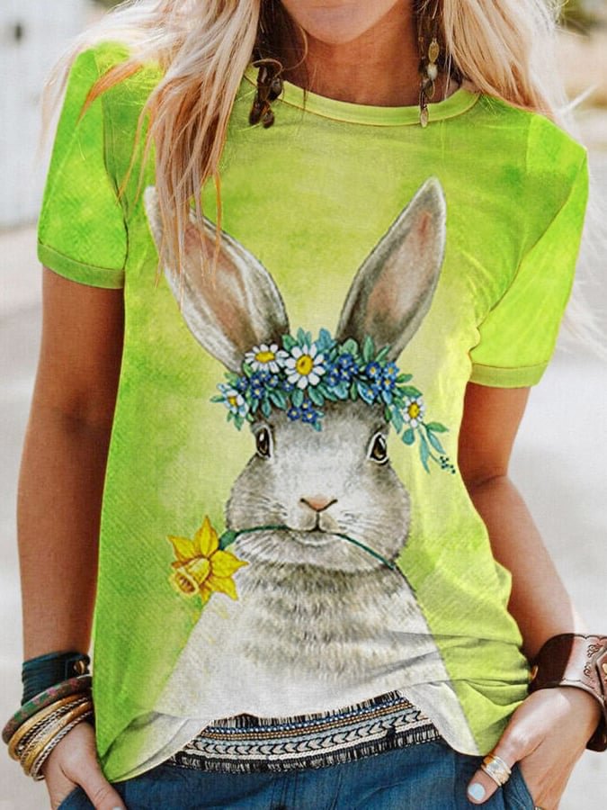 Women's Easter Cute Bunny Print Casual Tee socialshop