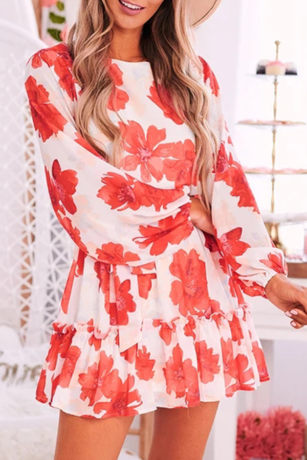 Elegant Floral Flounce With Belt O Neck A Line Dresses - Life is Beautiful for You - SheChoic
