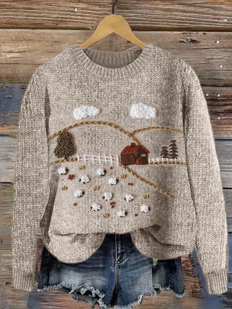 Sheep Farm Landscape Embroidery Cozy Knit Sweater