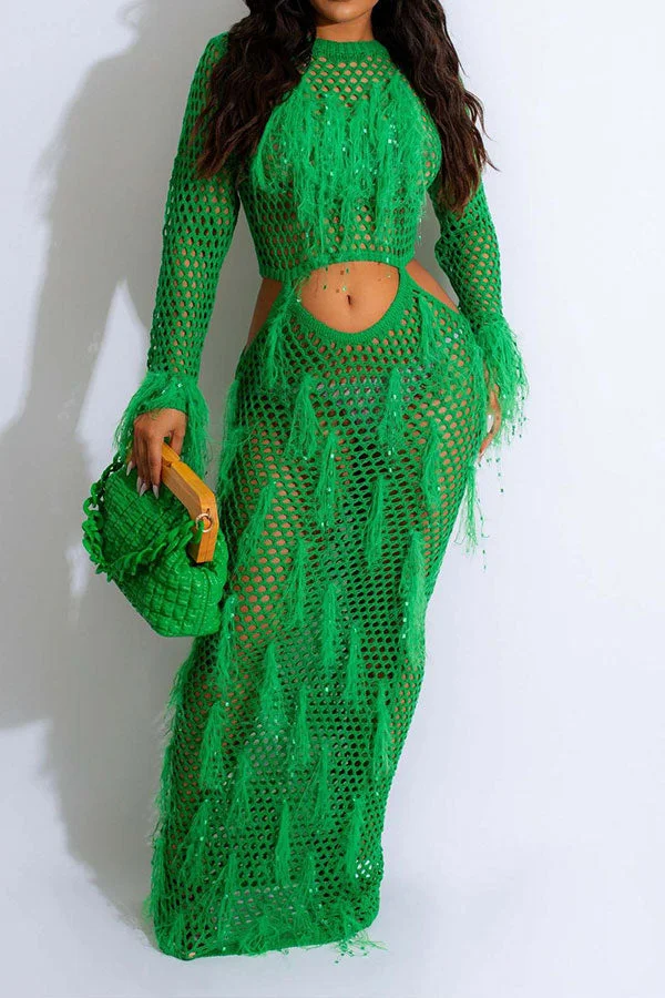 Tassel Flirty Cutout Fishnet See-Through Midi Dress